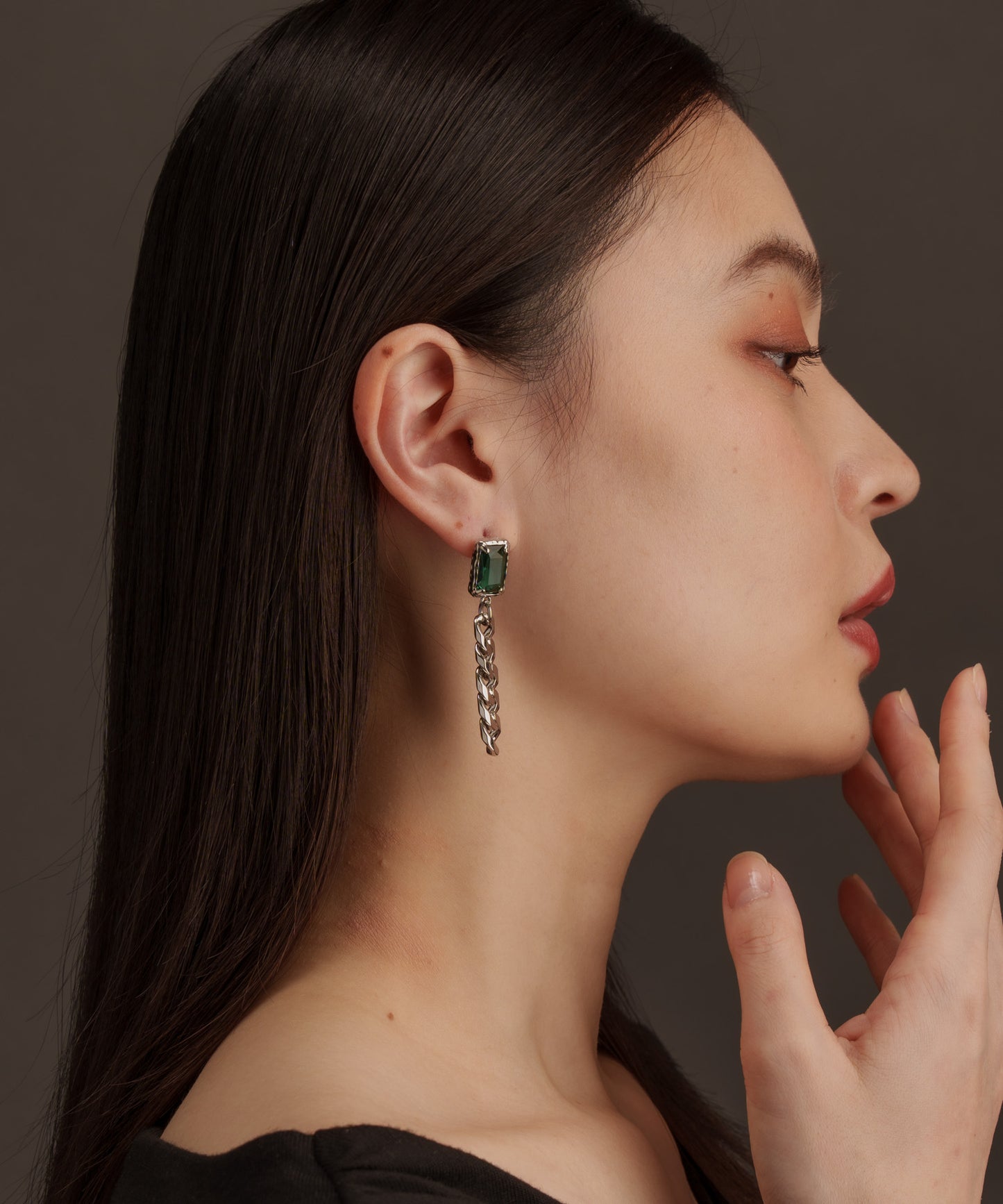 スクエアチェーンヴィンテージピアス【Silver×Green】