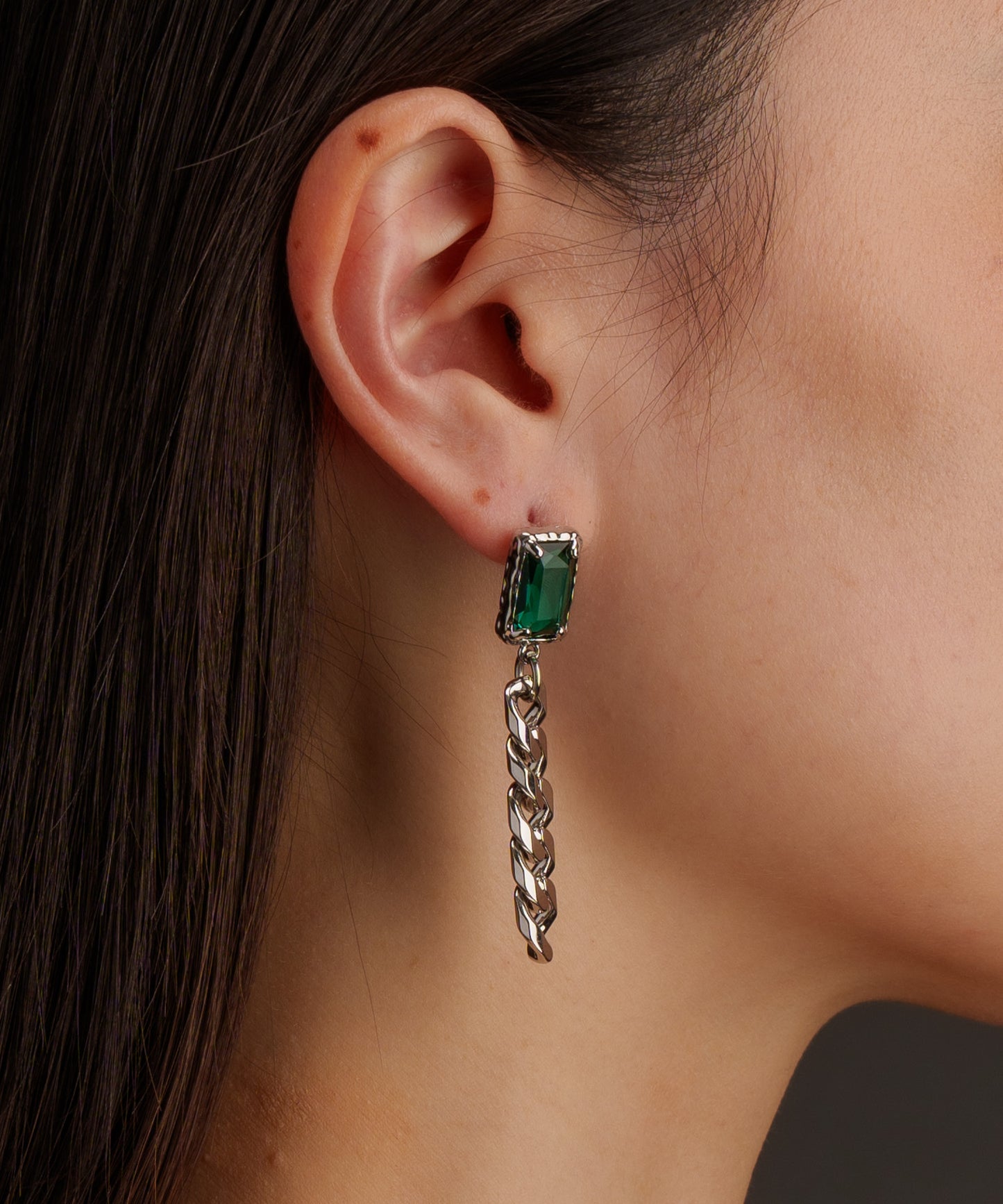 スクエアチェーンヴィンテージピアス【Silver×Green】