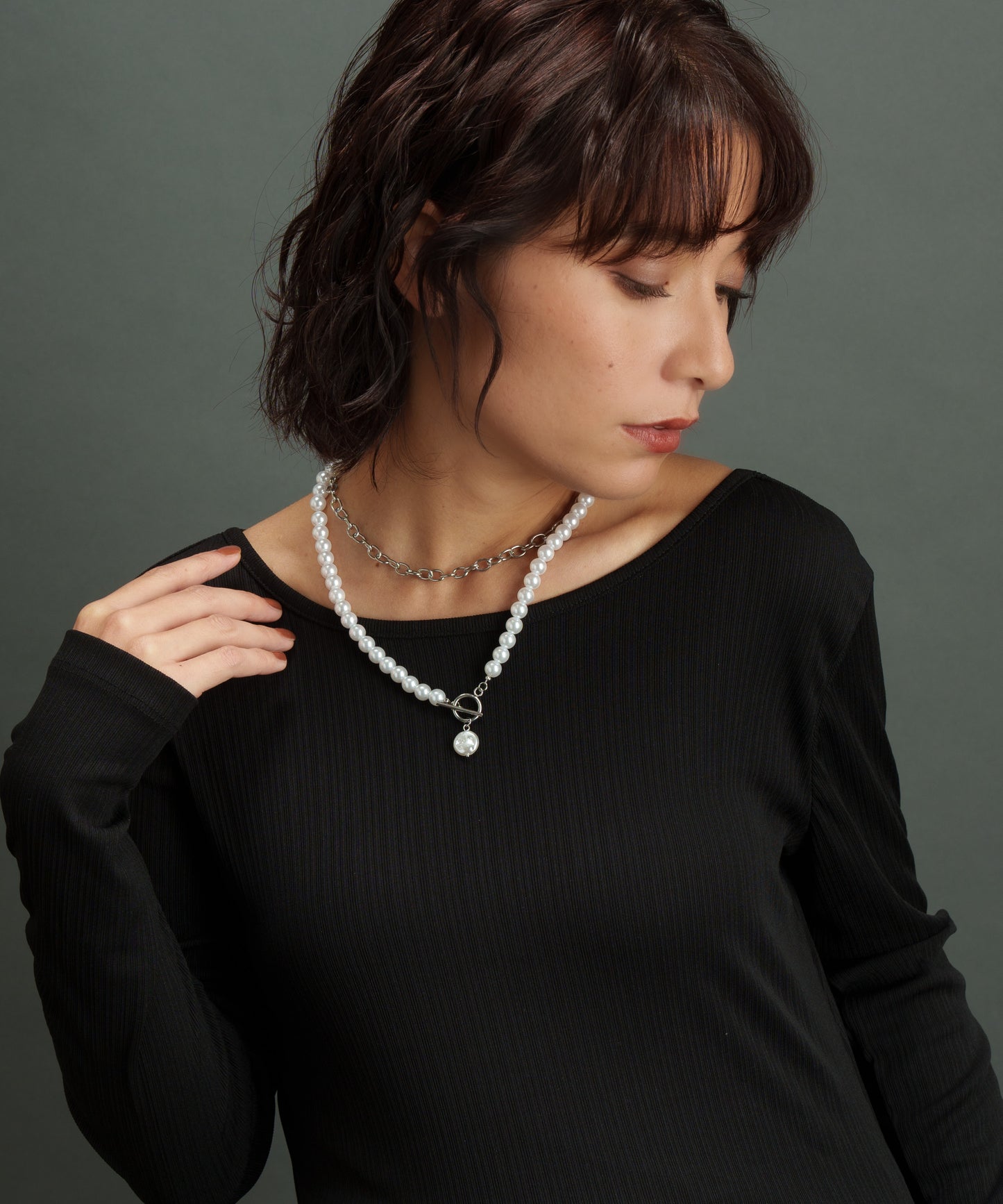 チェーンパールレイヤードネックレス【Silver】