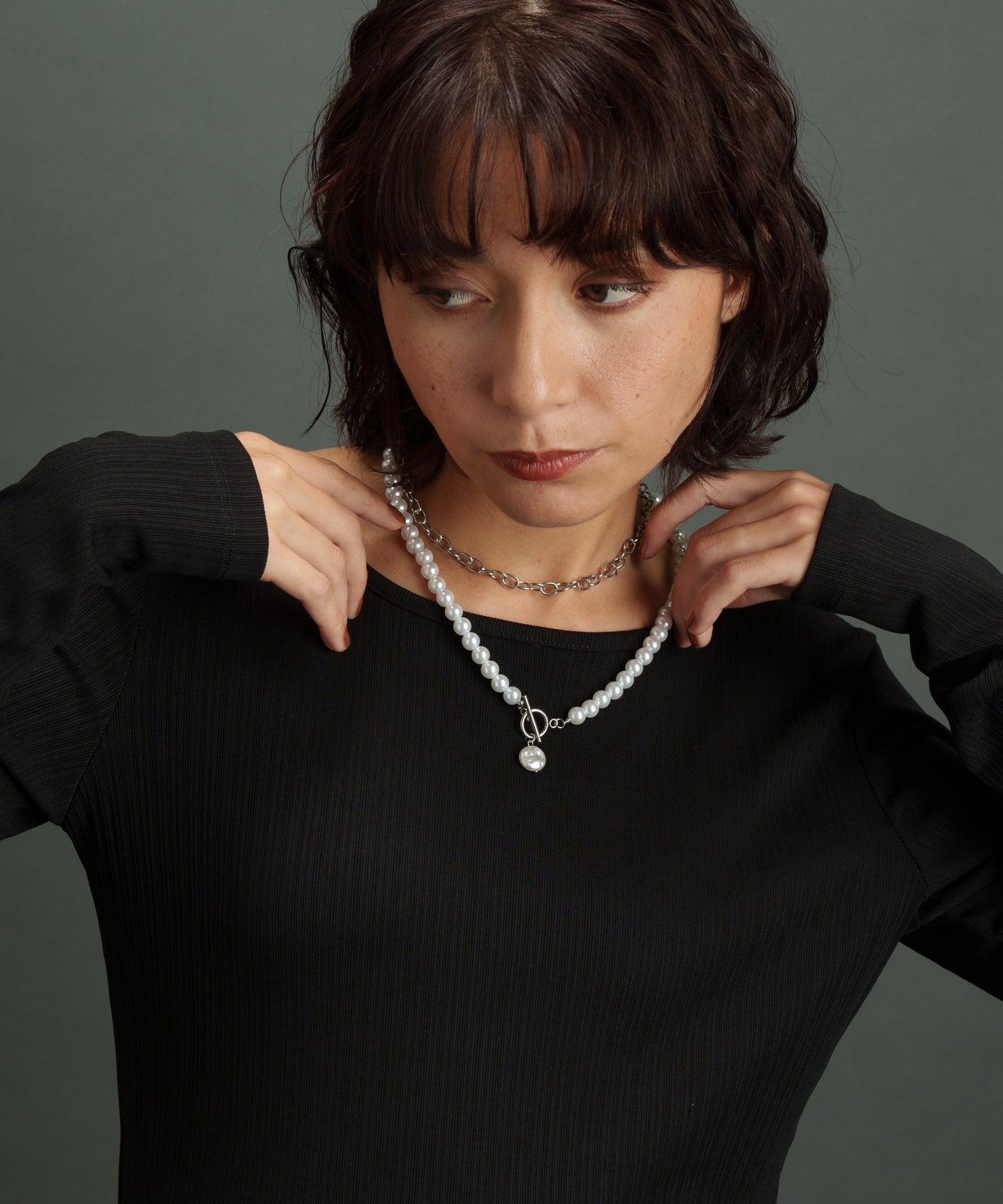 チェーンパールレイヤードネックレス【Silver】