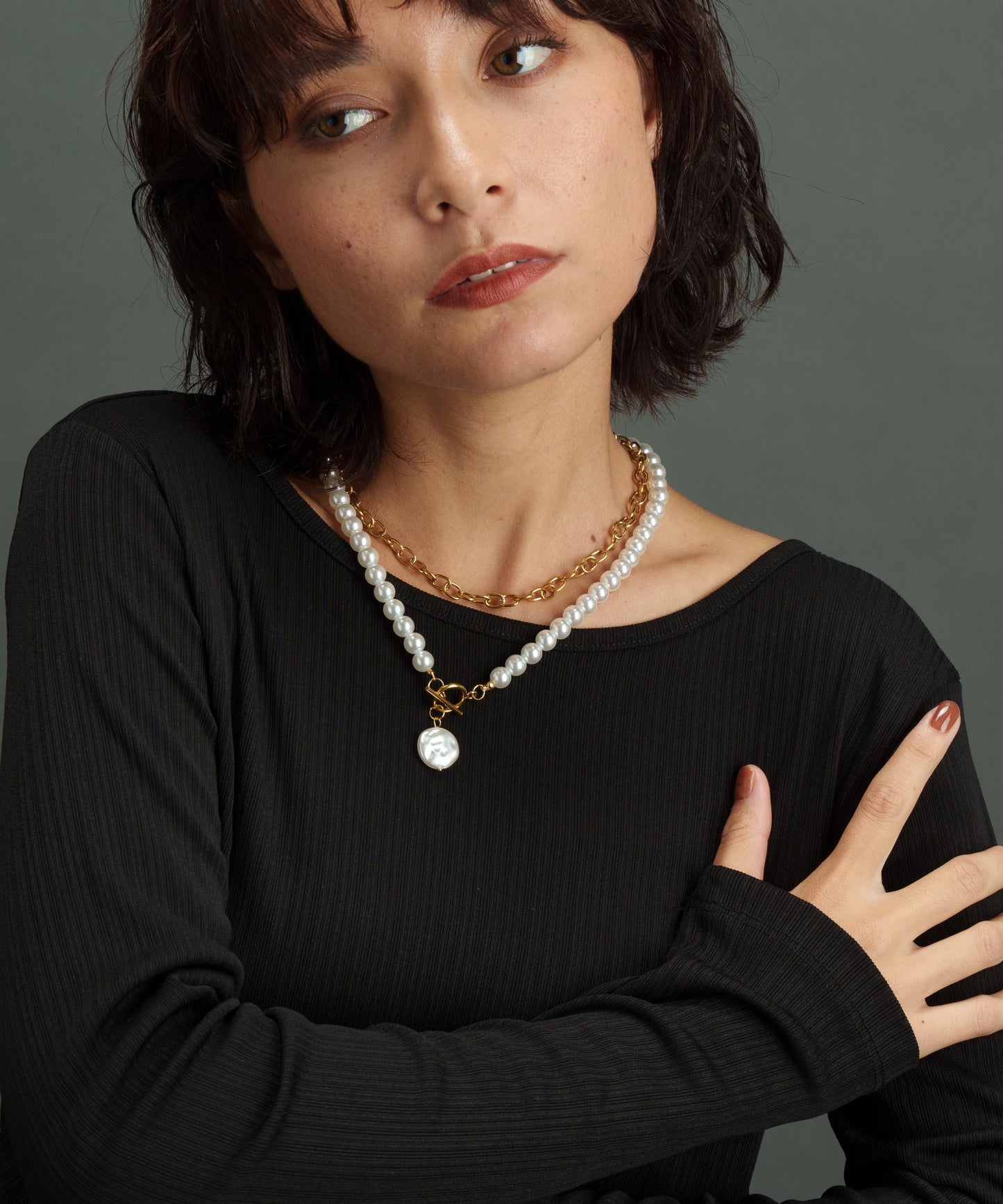 チェーンパールレイヤードネックレス【Gold】