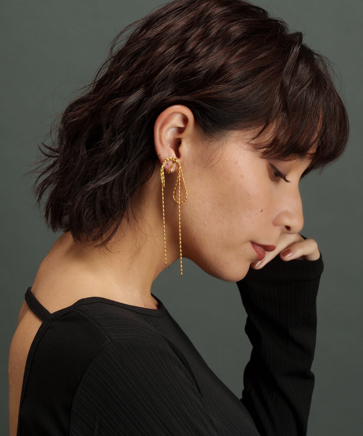 ロングライスチェーンリボンイヤリング【Gold】