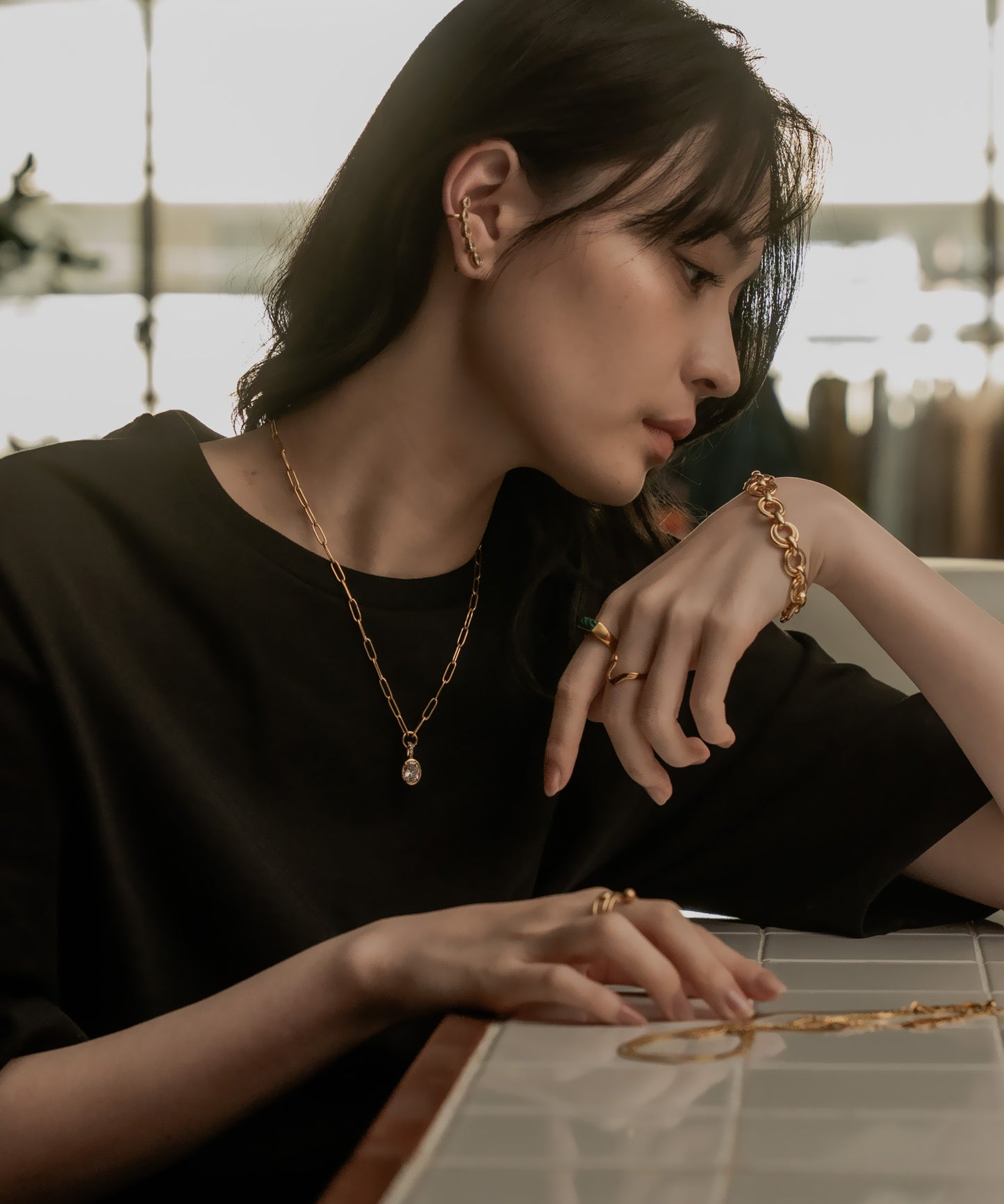 オーバルチェーンストーントップネックレス			【Gold×Clear】