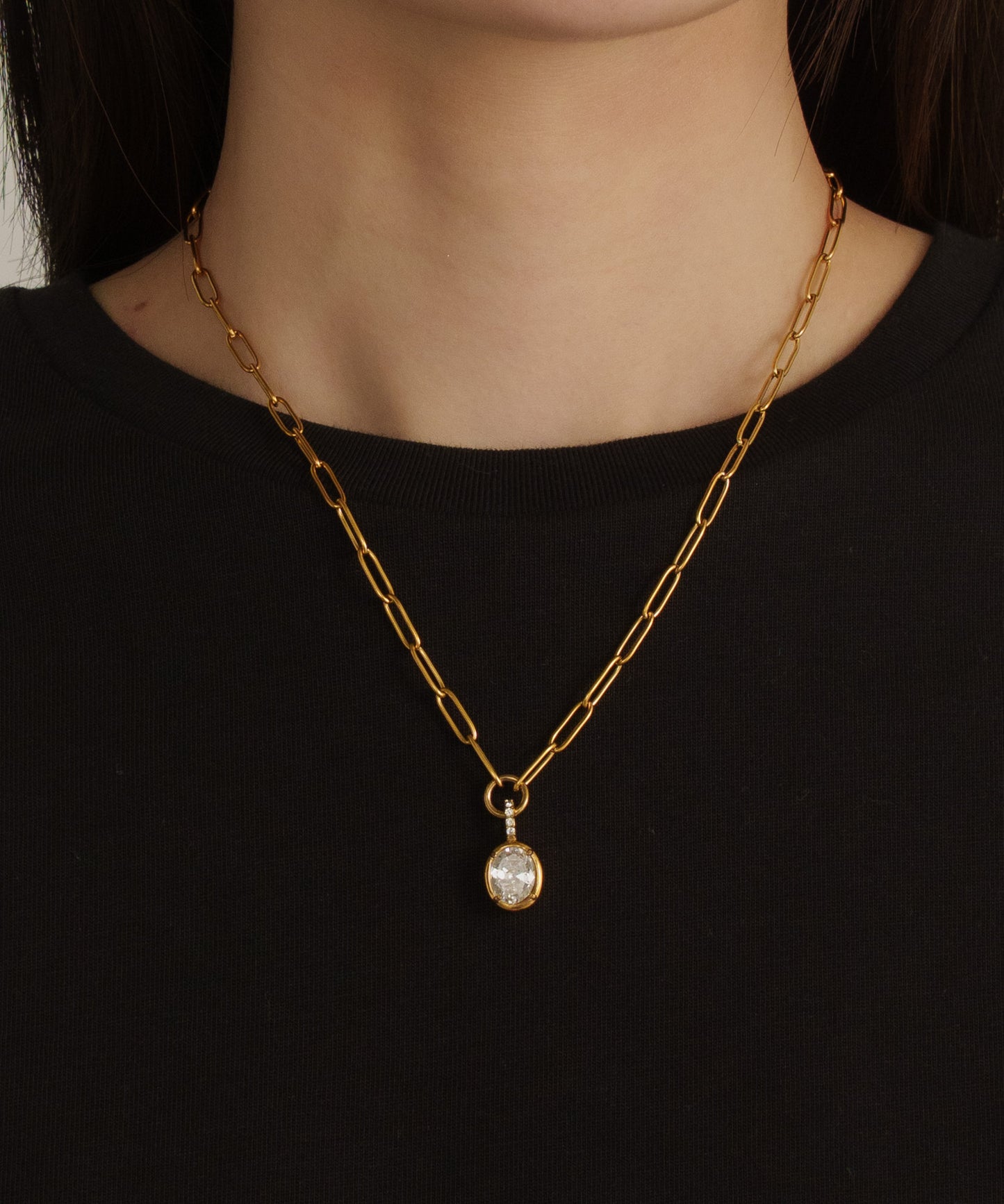 オーバルチェーンストーントップネックレス			【Gold×Clear】