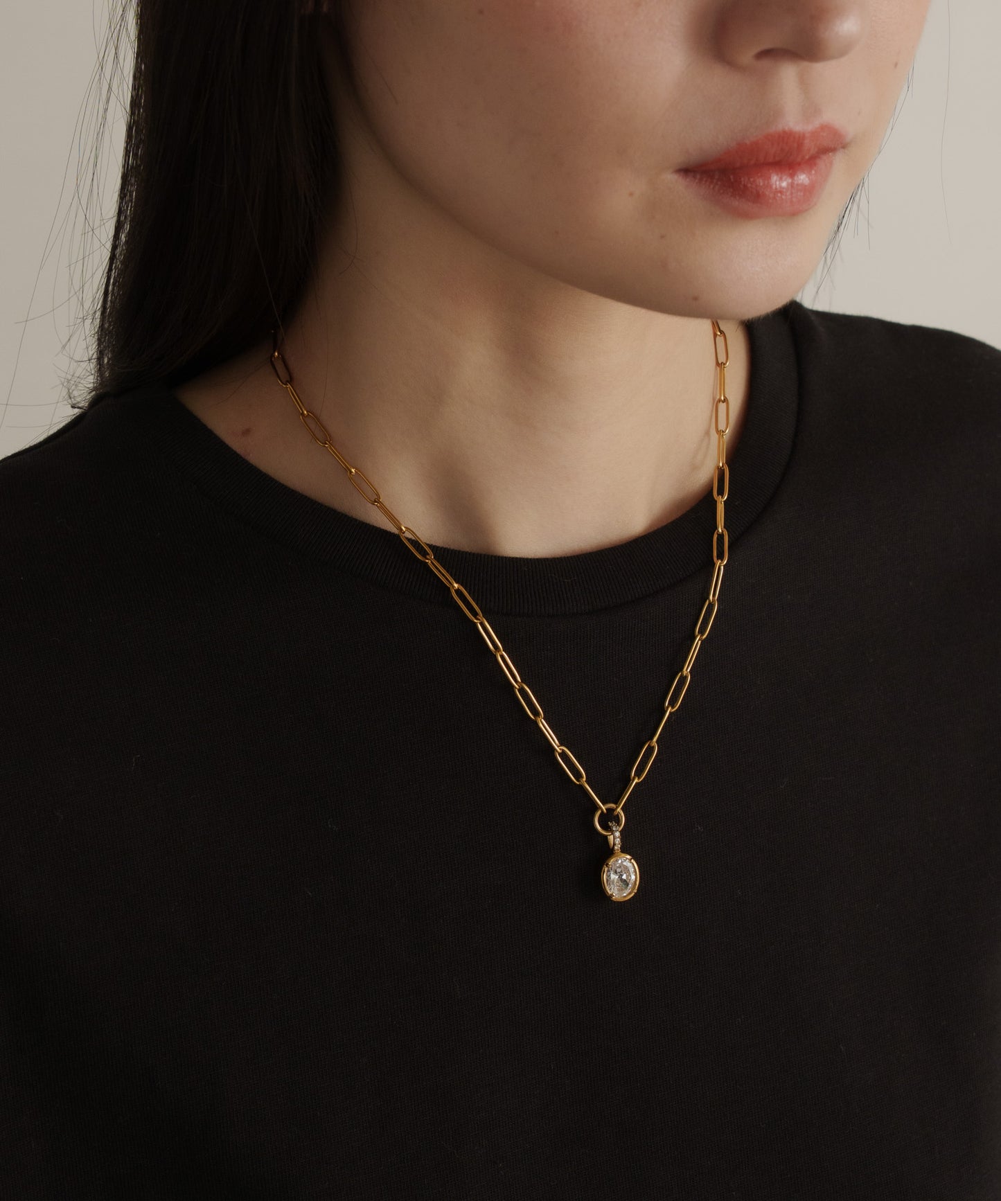 オーバルチェーンストーントップネックレス			【Gold×Clear】