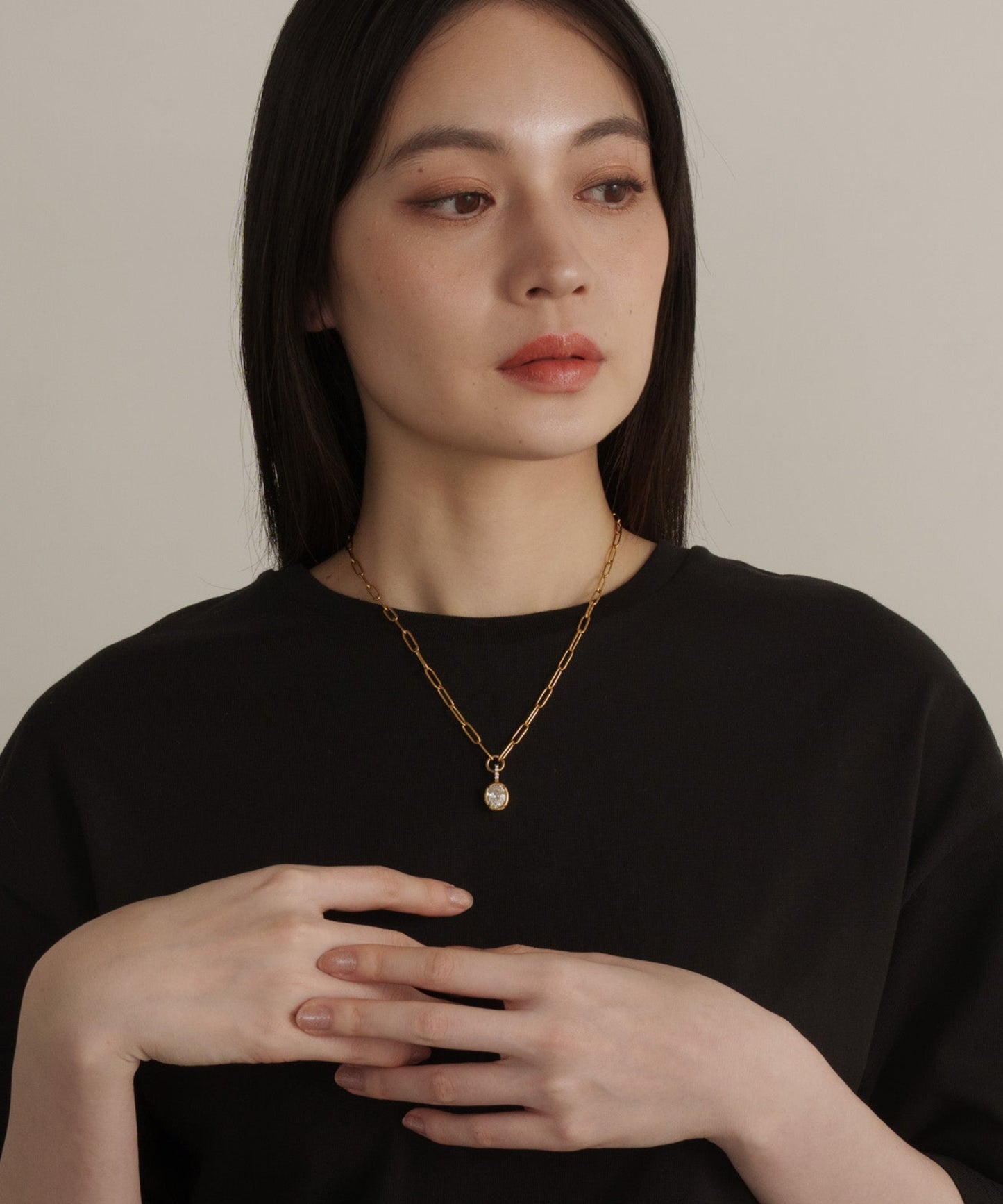 オーバルチェーンストーントップネックレス			【Gold×Clear】