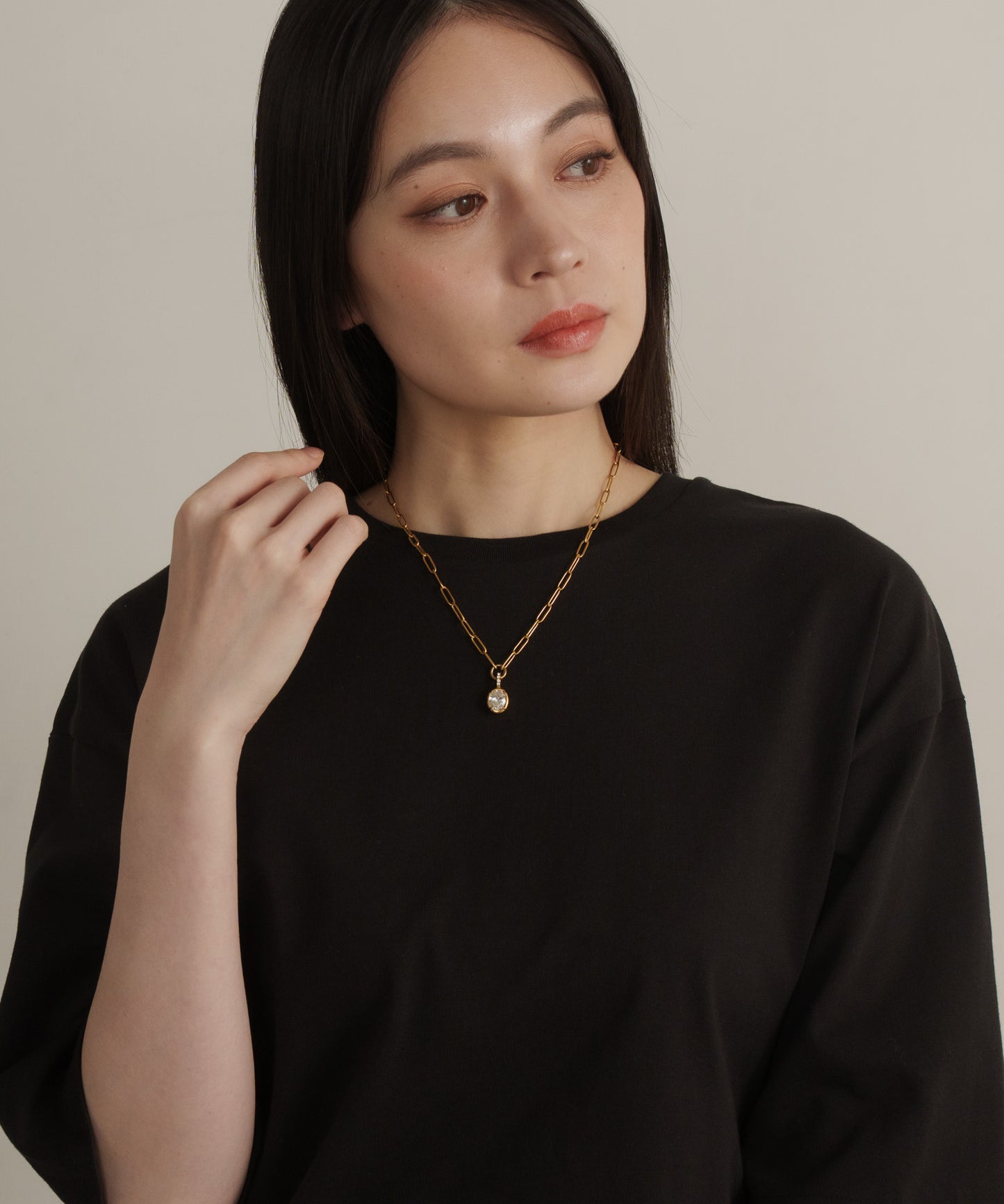 オーバルチェーンストーントップネックレス			【Gold×Clear】