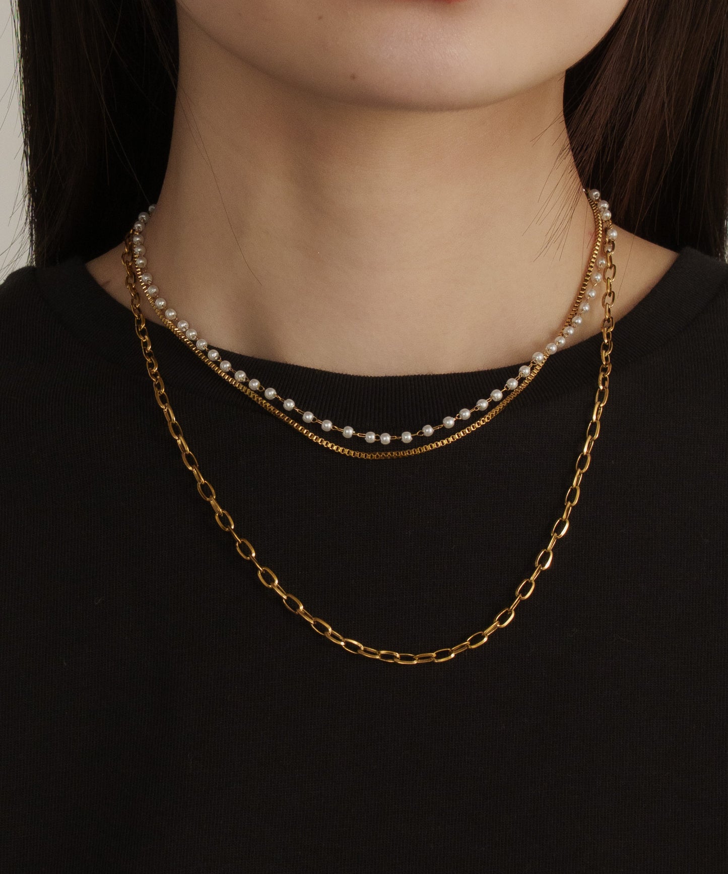 スモールパール3連レイヤードネックレス 【Gold】