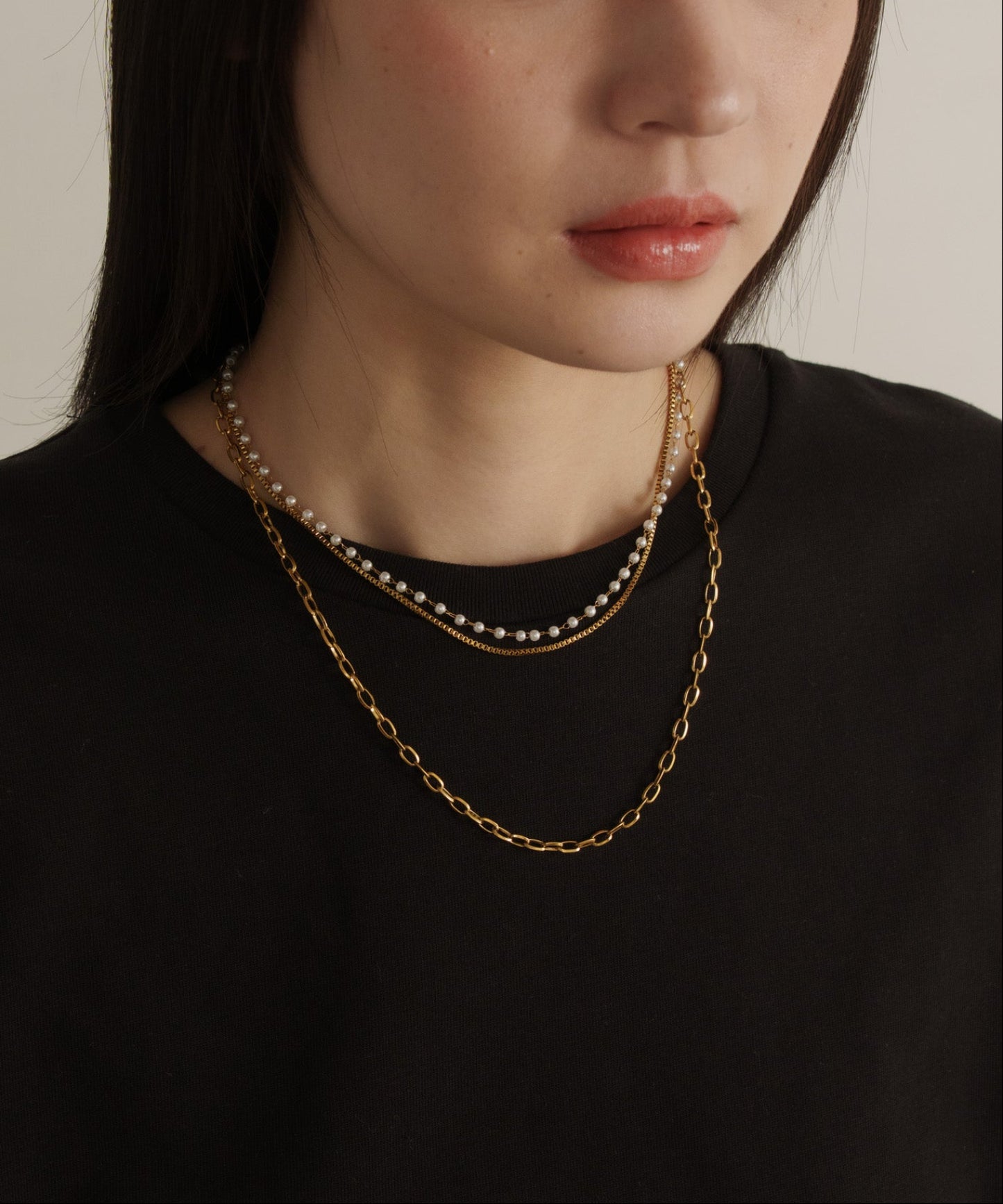 スモールパール3連レイヤードネックレス 【Gold】