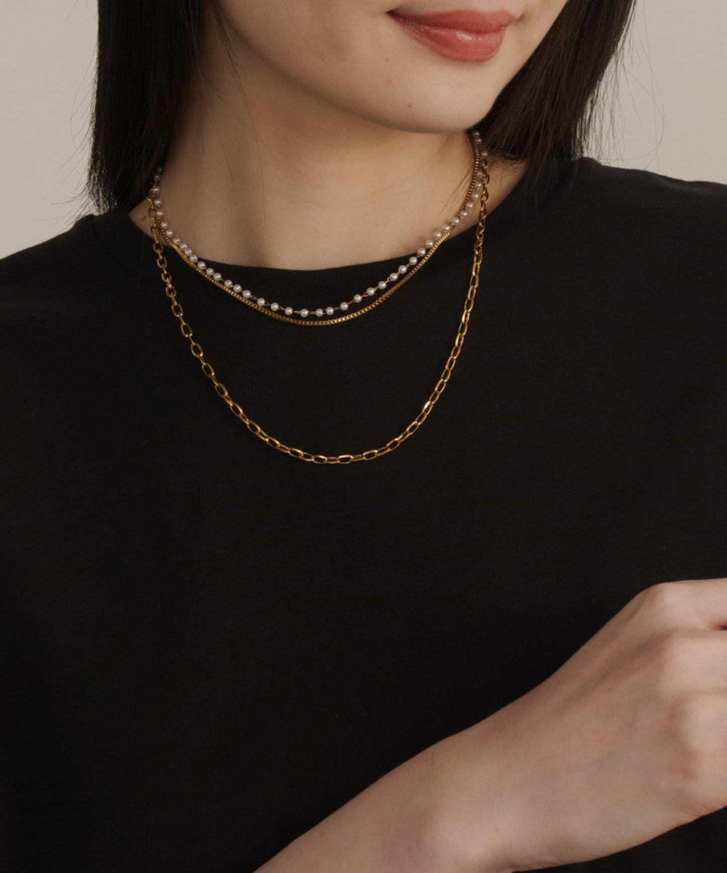 スモールパール3連レイヤードネックレス 【Gold】