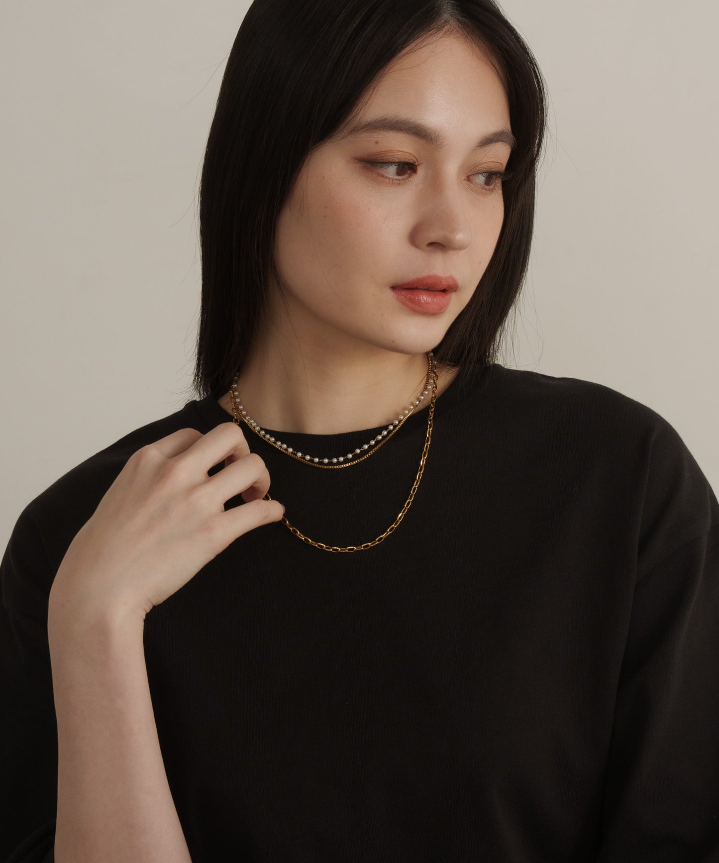 スモールパール3連レイヤードネックレス 【Gold】