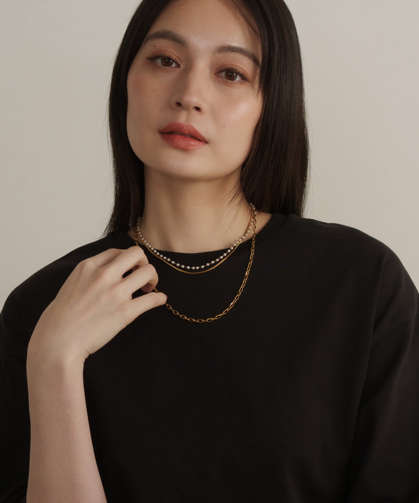 スモールパール3連レイヤードネックレス 【Gold】