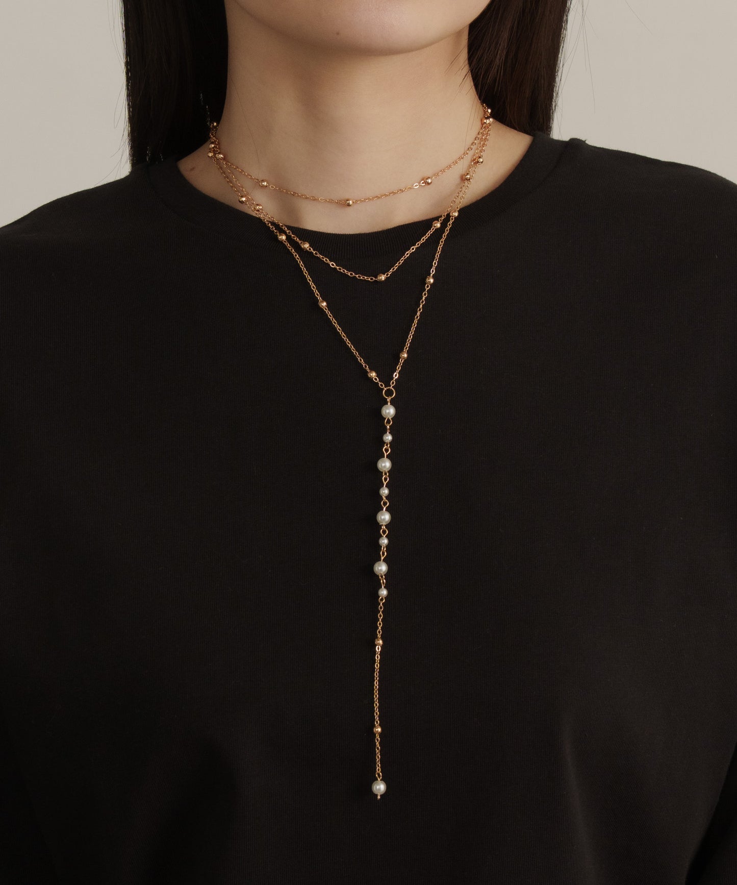 パールボール3連Y字ネックレス【Gold】