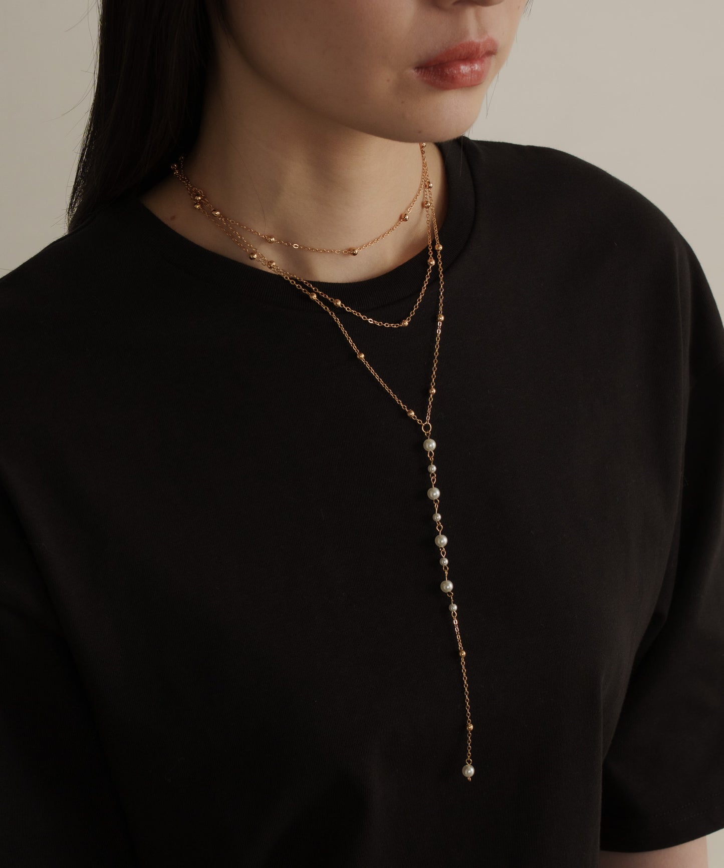 パールボール3連Y字ネックレス【Gold】