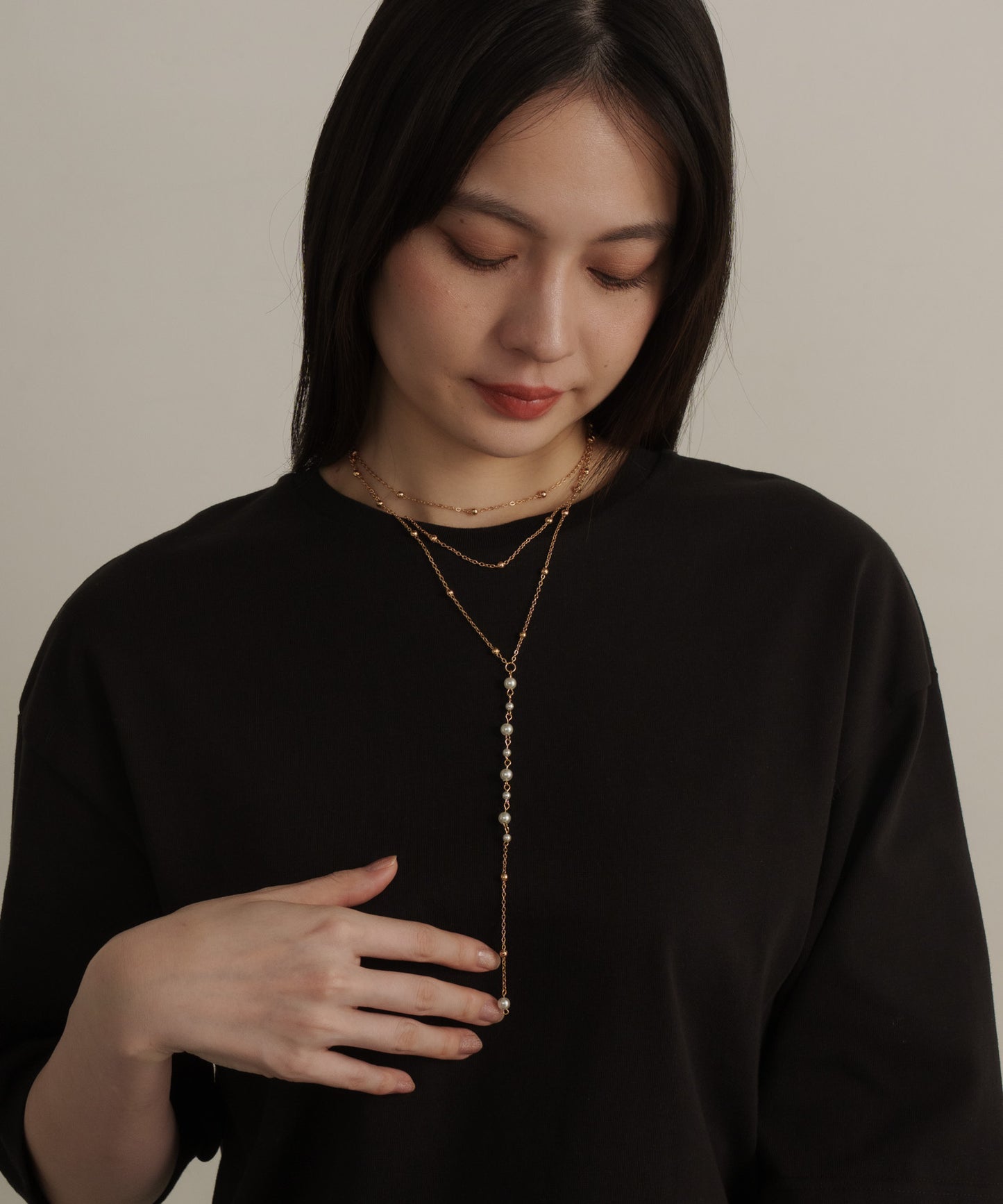 パールボール3連Y字ネックレス【Gold】