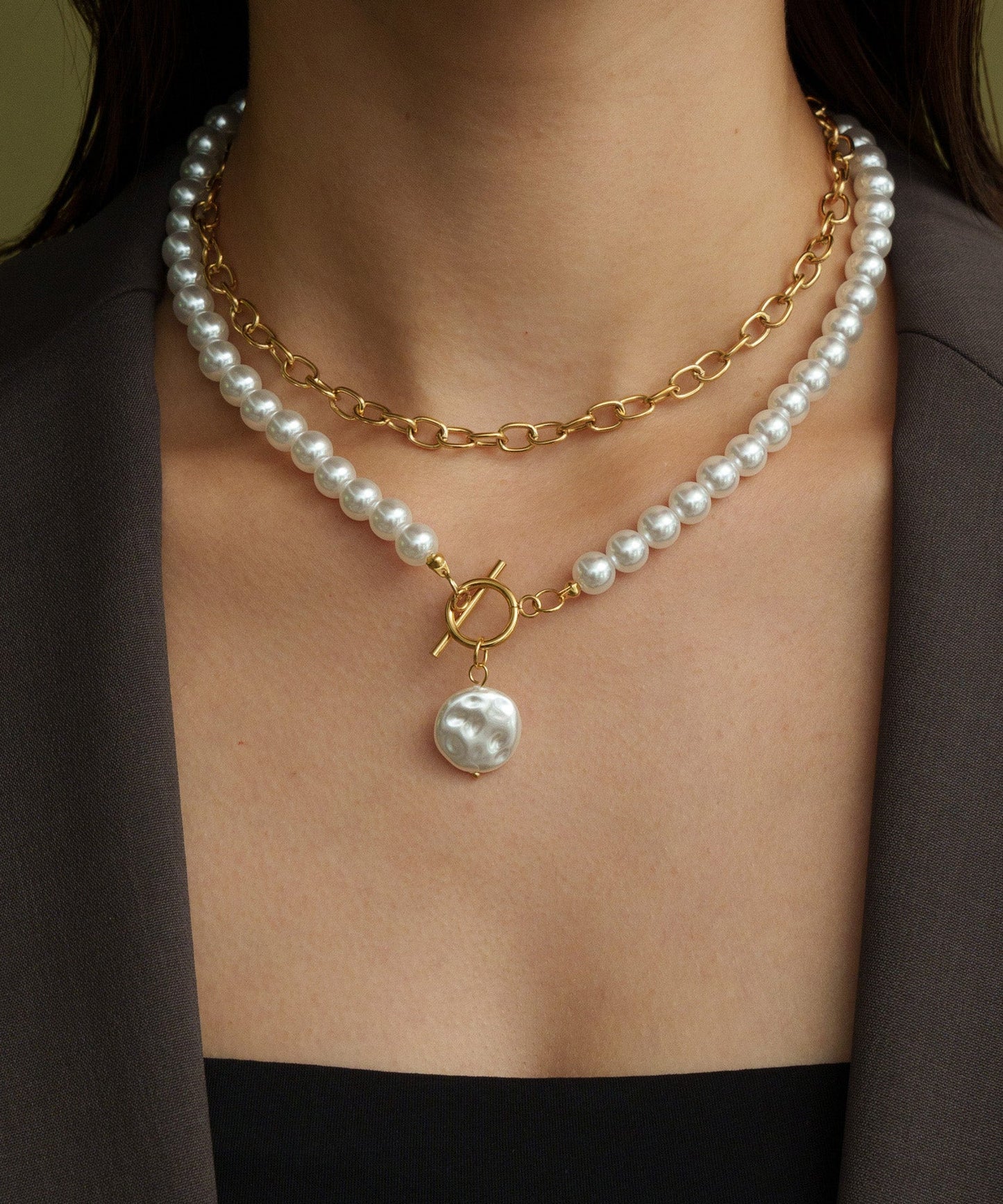 チェーンパールレイヤードネックレス【Gold】