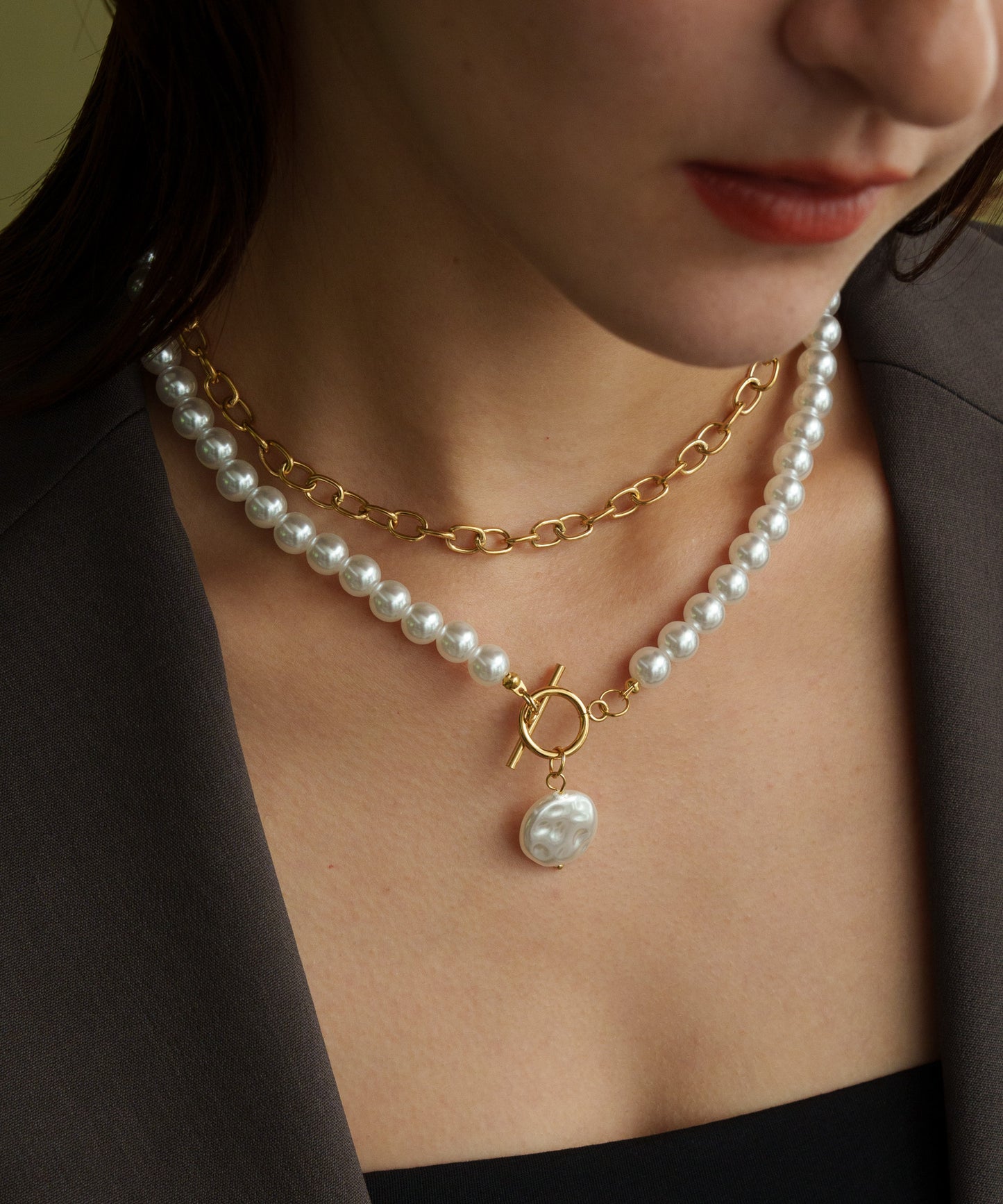 チェーンパールレイヤードネックレス【Gold】