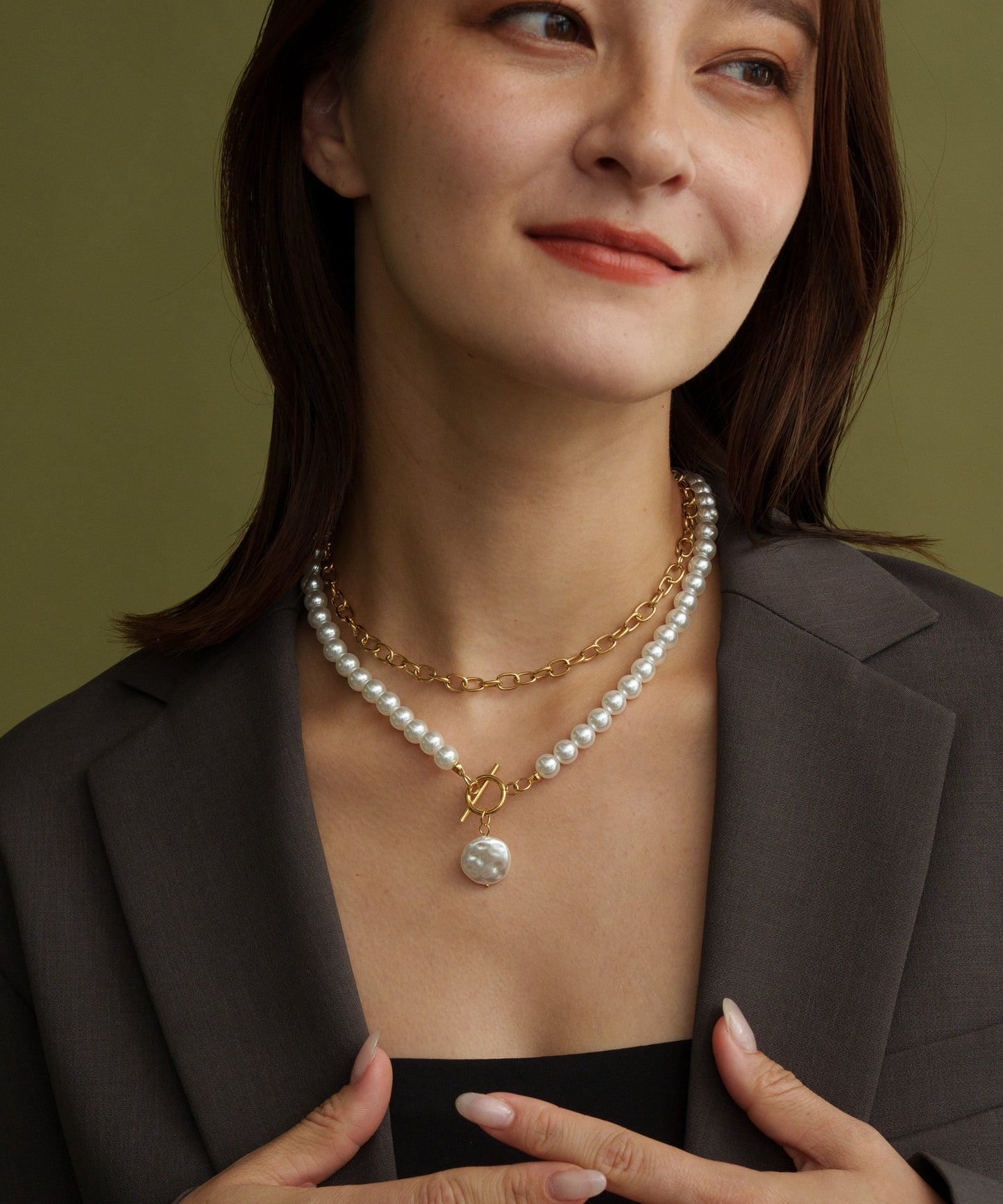 チェーンパールレイヤードネックレス【Gold】