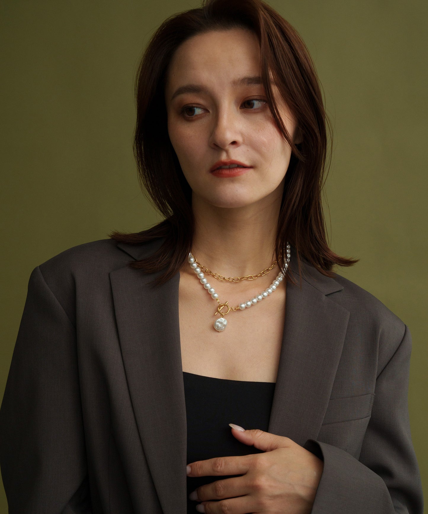 チェーンパールレイヤードネックレス【Gold】