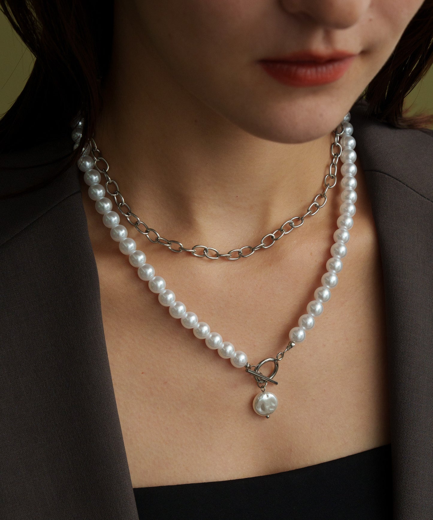 チェーンパールレイヤードネックレス【Silver】