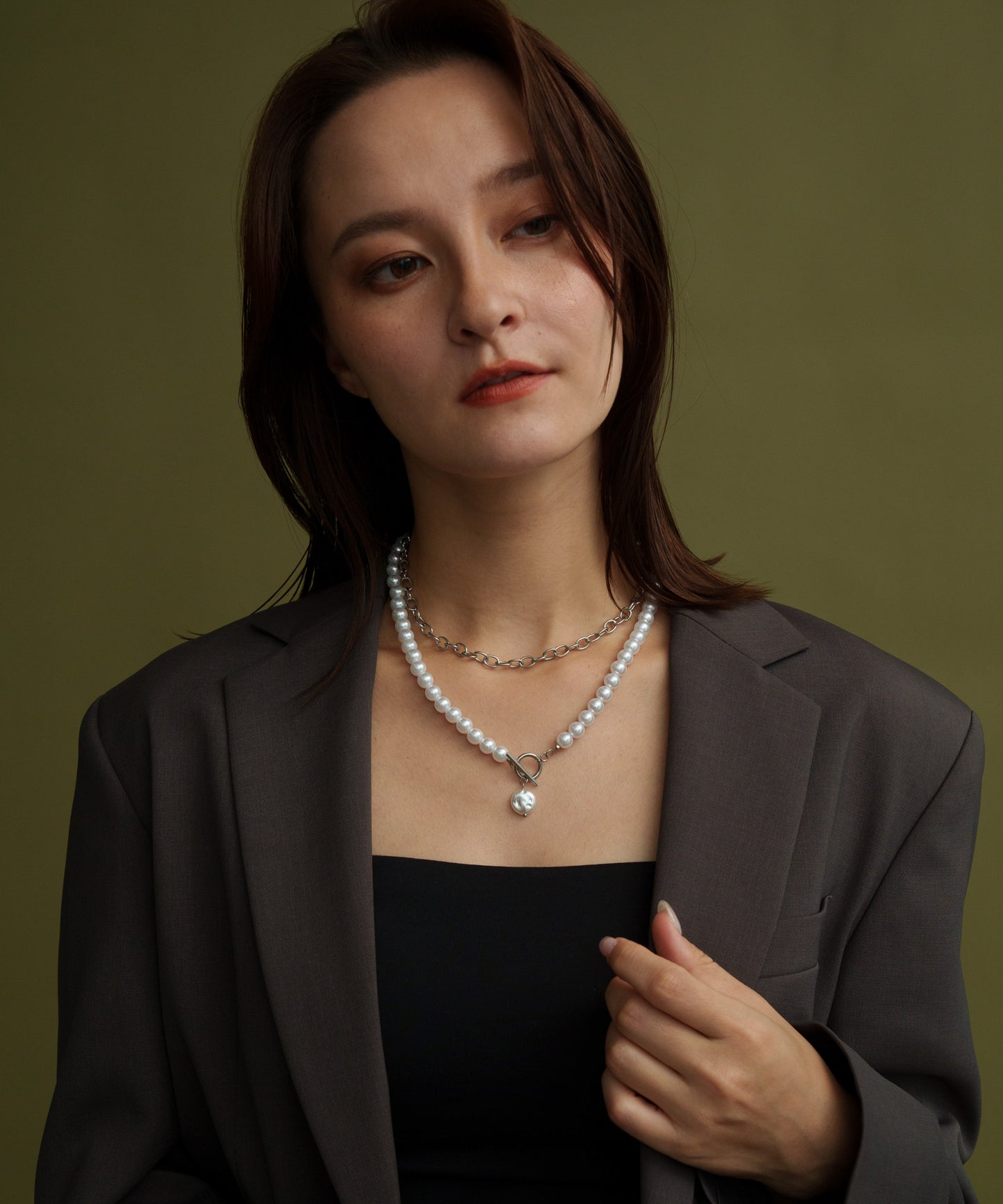 チェーンパールレイヤードネックレス【Silver】