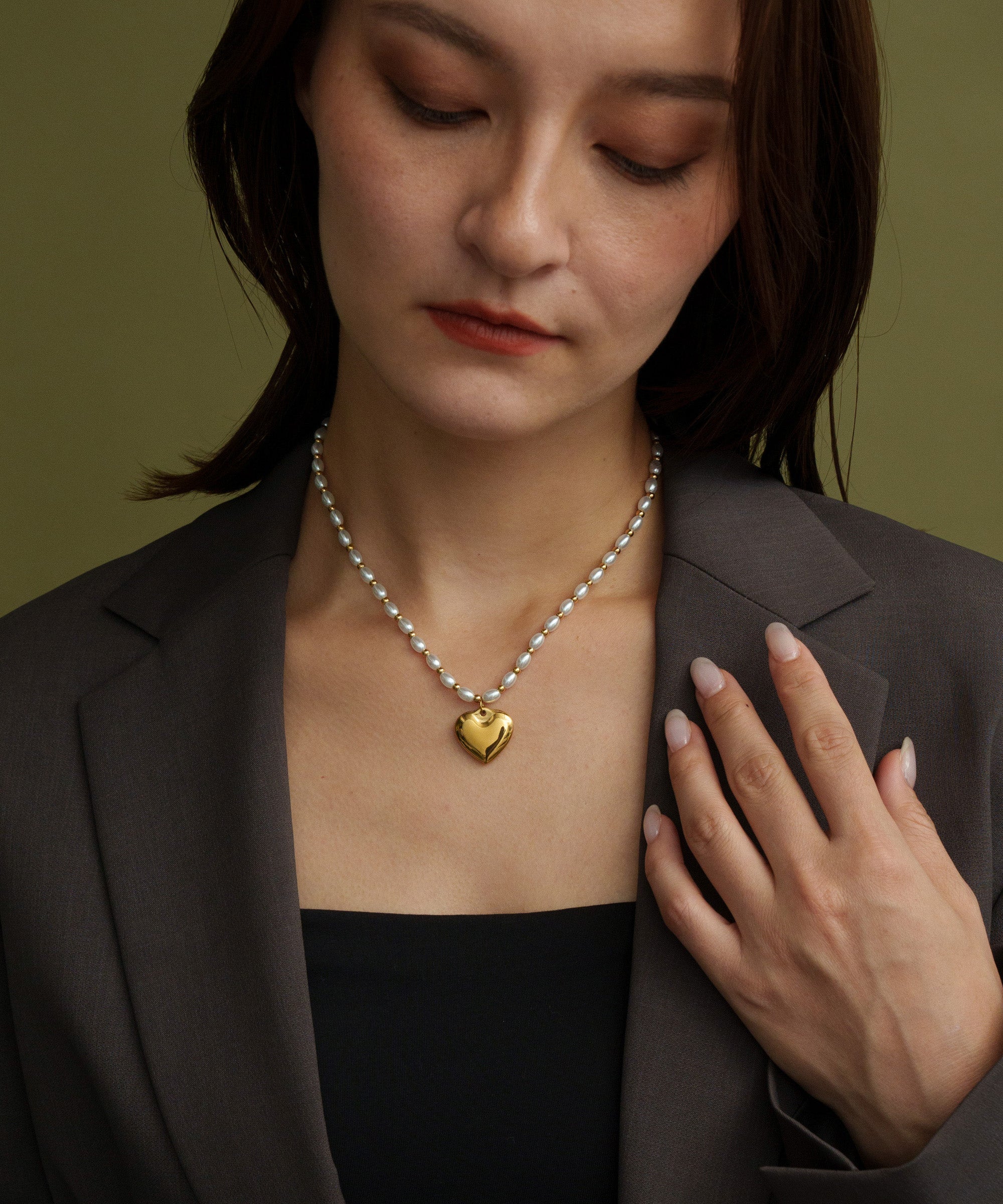 パールライクチェーンハートトップネックレス【Gold】 | tok