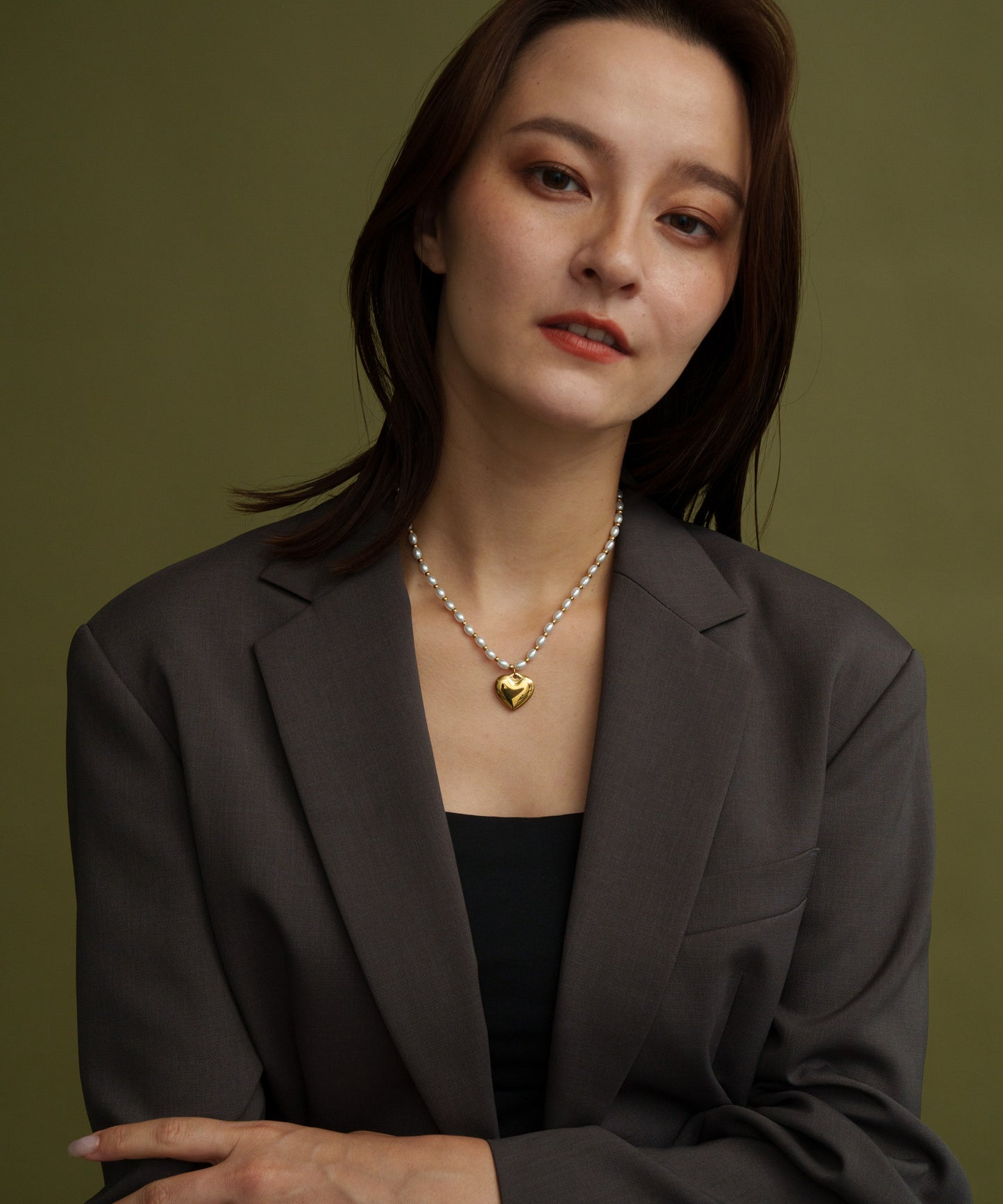 パールライクチェーンハートトップネックレス【Gold】